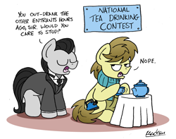 Size: 2083x1641 | Tagged: safe, artist:bobthedalek, oc, oc only, oc:jeeves, oc:kettle master, earth pony, pony, atg 2019, butler, clothes, contest, cup, dialogue, eyes closed, hoof hold, male, newbie artist training grounds, nope, open mouth, scarf, sign, sitting, stallion, suit, table, teacup, teapot, that pony sure does love tea, tuxedo