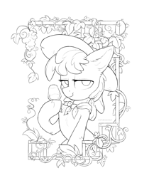 Size: 2232x2658 | Tagged: safe, artist:anotherdeadrat, berry punch, berryshine, earth pony, pony, food, glass, grapes, grapevine, lineart, looking at you, monochrome, sketch, solo, trellis, wine glass