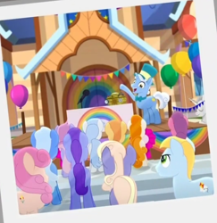 Size: 564x581 | Tagged: safe, screencap, kersplash, sunny skies, earth pony, pony, unicorn, rainbow roadtrip, background pony, background pony audience, balloon, cropped, female, happy, hat, male, mare, photo, rainbow generator, stallion, unnamed pony