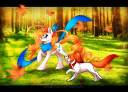 Size: 2992x2160 | Tagged: safe, artist:lessanamidairo, oc, oc only, dog, pony, unicorn, clothes, female, forest, freckles, leaves, mare, outdoors, scarf, unshorn fetlocks