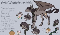 Size: 440x258 | Tagged: safe, artist:ghastly_inner_world, oc, oc:eric wraithscribble, bat pony, pony, clothes, coffee, ponysona, pumpkin, reference sheet, scarf, socks