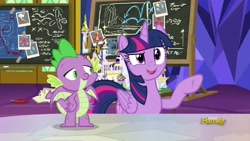 Size: 1920x1080 | Tagged: safe, screencap, spike, twilight sparkle, twilight sparkle (alicorn), alicorn, dragon, pony, sparkle's seven, chalkboard, winged spike