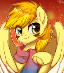 Size: 1933x2210 | Tagged: safe, artist:wkirin, oc, oc only, oc:hotaru, pegasus, pony, robot, robot pony, clothes, frog (hoof), hooves, looking at you, scarf, smiley face, solo, underhoof, wings