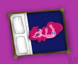 Size: 986x811 | Tagged: safe, artist:bakanato, derpibooru import, pinkie pie, earth pony, pony, bed, biting, female, lying on bed, mare, pillow, solo, tail bite