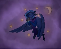 Size: 602x483 | Tagged: safe, artist:ghastly_inner_world, oc, oc only, pegasus, pony, clothes, coffee, cozy, cup, flying, moon, night, ponysona, scarf, solo, stars