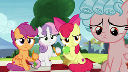 Size: 1280x720 | Tagged: safe, screencap, apple bloom, cozy glow, scootaloo, sweetie belle, pegasus, pony, marks for effort, apple, basket, carrot, cutie mark crusaders, food, picnic basket, picnic blanket, sad