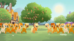 Size: 1366x768 | Tagged: safe, derpibooru import, screencap, applejack, earth pony, pegasus, pony, unicorn, rainbow roadtrip, applejack's hat, apricot, background pony, clones, cowboy hat, crowd, discovery family logo, dot cutie mark, female, food, grass, hat, hope hollow, house, mare, neckerchief, orange, orange pony, sun, sunny, tree, unnamed pony