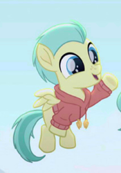 Size: 213x304 | Tagged: safe, screencap, pickle barrel, pegasus, pony, rainbow roadtrip, clothes, colt, cropped, cute, flying, hoodie, male, picklebetes, smiling, waving