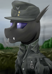 Size: 1600x2258 | Tagged: safe, artist:richmay, oc, oc only, changeling, equestria at war mod, army, bust, cap, changeling oc, cigarette, clothes, commission, hat, military, portrait, purple changeling, smoking, uniform, war, wehrmacht, world war ii