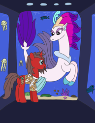 Size: 2531x3282 | Tagged: safe, artist:supahdonarudo, queen novo, oc, oc:ironyoshi, eel, fish, jellyfish, seapony (g4), unicorn, my little pony: the movie, aquarium, clothes, coral, looking at each other, rock, shirt, starfish