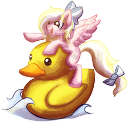 Size: 3105x2965 | Tagged: safe, artist:amura-of-jupiter, oc, oc only, oc:bay breeze, pony, series:random gifting is magic, blank eyes, bow, cutie mark, floating, pointing, rubber duck, smiling, solo, water