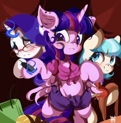 Size: 2093x2121 | Tagged: safe, artist:tohupo, derpibooru import, coco pommel, rarity, twilight sparkle, twilight sparkle (alicorn), alicorn, earth pony, pony, unicorn, clothes, female, glasses, magic, mare, smiling