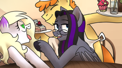 Size: 1920x1080 | Tagged: safe, artist:mamidulugo, carrot cake, oc, oc:feather paint, oc:luna farrowe, bat pony, pegasus, pony, unicorn, apron, cake, clothes, cupcake, fangs, food, freckles, glasses, heart eyes, serving tray, soda, spoop fam, two toned mane, wingding eyes