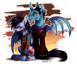 Size: 500x418 | Tagged: safe, artist:kunaike, alicorn, bat pony, bat pony alicorn, pony, adventure time, clothes, hudson abadeer, marceline, necktie, ponified, spread wings, suit, wings