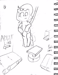 Size: 2870x3714 | Tagged: safe, artist:rusticanon, oc, oc only, oc:dizzy cream, bat pony, pony, comic:dizzy's daycare, abdl, comic, machine, monochrome, sketch, solo, traditional art, wingless, wingless bat pony