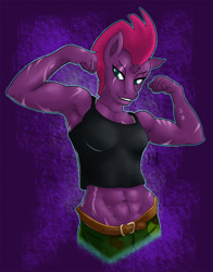 Size: 1200x1527 | Tagged: safe, artist:hellbeholder, fizzlepop berrytwist, tempest shadow, anthro, unicorn, abs, amazon, armpits, belt, biceps, broken horn, camouflage, clothes, eye scar, female, flexing, horn, midriff, military, muscles, muscular female, scar, short shirt, solo, tanktop, temple shadow