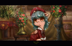 Size: 4000x2606 | Tagged: safe, artist:plotcore, cozy glow, pegasus, pony, clothes, cozybetes, cute, female, filly, flower, hat, indoors, shirt, solo, tanya degurechaff, youjo senki