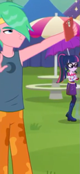 Size: 289x621 | Tagged: safe, screencap, lemon zack, sci-twi, twilight sparkle, human, better together, choose your own ending, equestria girls, inclement leather, inclement leather: vignette valencia, background human, bare arms, cellphone, clothes, cropped, hashtag rain hair don't care, male, pants, phone, selfie, sleeveless, smartphone, wet