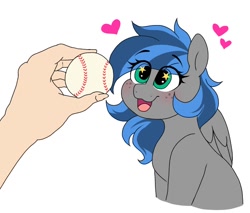 Size: 768x654 | Tagged: safe, artist:littlebibbo, derpibooru exclusive, oc, oc only, oc:bibbo, pegasus, pony, baseball, blushing, cute, excited, freckles, hand, sitting, sports, wingding eyes