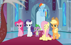 Size: 1125x720 | Tagged: safe, derpibooru import, screencap, applejack, discord, fluttershy, pinkie pie, rarity, spike, dragon, earth pony, pegasus, pony, unicorn, the ending of the end, angry, applejack's hat, canterlot throne room, cowboy hat, eyes closed, hat, leak, offscreen character, sad, spike is not amused, unamused, upset, winged spike