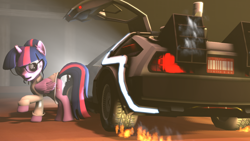 Size: 3840x2160 | Tagged: safe, artist:alicorntwilysparkle, sci-twi, twilight sparkle, twilight sparkle (alicorn), alicorn, pony, 3d, 4k, back to the future, car, crossover, delorean, scitwilicorn, source filmmaker