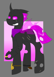 Size: 363x517 | Tagged: safe, artist:mootsarts, oc, oc:chicken scratch, changeling, grin, knife, neckerchief, pipbuck, purple changeling, raised hoof, ring, scar, smiling, solo, spread wings, wings