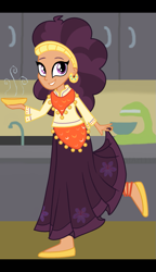 Size: 679x1177 | Tagged: safe, artist:sjart117, saffron masala, human, equestria girls, spice up your life, bowl, clothes, cupboard, dish, dress, equestria girls-ified, female, flats, food, humanized, kitchen, kurta, long skirt, looking at you, mixer, shoes, skirt, smiling, solo, tap