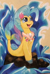 Size: 1498x2197 | Tagged: safe, artist:gleamydreams, princess skystar, seapony (g4), my little pony: the movie, looking in the distance, seashells, smiling, solo, traditional art, water