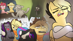 Size: 1920x1080 | Tagged: safe, artist:mamidulugo, anon pony, oc, oc:luna farrowe, oc:mami dulugo, oc:scribbler, bat pony, earth pony, pegasus, pony, unicorn, cowboy hat, freckles, hat, hug, laughing, ribbon, stylus, sweat, teary eyes, two toned mane