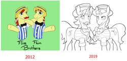 Size: 1200x583 | Tagged: safe, artist:btbunny, flam, flim, pony, unicorn, comparison, flim flam brothers, male