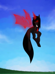 Size: 1500x2000 | Tagged: safe, artist:teelastrie, oc, oc only, oc:nub, pony, unicorn, artificial wings, augmented, flying, glowing eyes, glowing horn, horn, magic, magic wings, necktie, red and black oc, red eyes, sky, wings