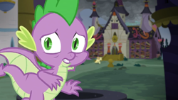 Size: 1366x768 | Tagged: safe, screencap, spike, dragon, unicorn, the ending of the end, board, building, cloud, cloudy, condemned, dark, galloping, scared, school, school for gifted unicorns, solo, winged spike