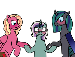 Size: 2048x1536 | Tagged: safe, artist:kindheart525, oc, oc only, oc:minstrel custard, oc:philia agape armet, oc:sheltering hooves, changepony, hybrid, pegasus, pony, unicorn, bisexual, blushing, holding hooves, interspecies offspring, kindverse, magical lesbian spawn, offspring, parent:big macintosh, parent:bon bon, parent:fluttershy, parent:lyra heartstrings, parent:queen chrysalis, parent:shining armor, parents:fluttermac, parents:lyrabon, parents:shining chrysalis, polyamory