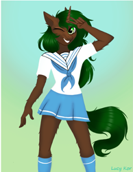 Size: 911x1175 | Tagged: source needed, useless source url, safe, artist:lucykor, oc, oc:pine shine, anthro, blouse, clothes, scarf, school uniform, socks