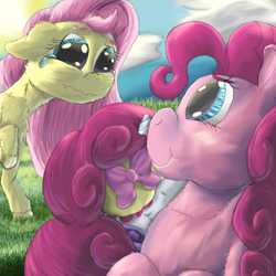 Size: 1580x1580 | Tagged: safe, artist:firefanatic, derpibooru import, fluttershy, pinkie pie, rarity, earth pony, pegasus, pony, unicorn, adorable distress, alternate design, crying, curly mane, cute, fluffy, impossibly large mane, sad, sleep mask, smiling, snuggling, teary eyes