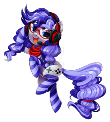 Size: 1024x1131 | Tagged: safe, artist:centchi, oc, oc only, oc:cinnabyte, earth pony, pony, clothes, deviantart watermark, earth pony oc, female, glasses, headphones, mare, obtrusive watermark, simple background, socks, solo, striped socks, transparent background, watermark