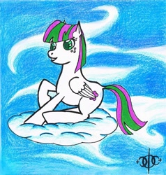 Size: 1111x1166 | Tagged: safe, artist:assertiveshypony, blossomforth, pegasus, pony, cloud, cloudy, drawing, female, on a cloud, sky, smiling, solo