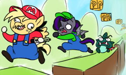 Size: 761x455 | Tagged: safe, artist:mamidulugo, oc, oc:goombasa, oc:luna farrowe, oc:mami dulugo, anthro, fangs, goomba, marker, overall, super mario bros., two toned mane