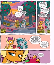 Size: 2086x2526 | Tagged: safe, artist:tonyfleecs, idw, smolder, swift foot, dragon, earth pony, pony, spoiler:comic, spoiler:comicfeatsoffriendship01, apple, apple tree, comic, dragoness, duo, female, food, manipulation, mare, official comic, speech bubble, sweet apple acres, tree