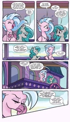 Size: 2033x3529 | Tagged: safe, artist:tonyfleecs, idw, silverstream, swift foot, classical hippogriff, earth pony, hippogriff, pony, spoiler:comic, spoiler:comicfeatsoffriendship01, comic, duo, facade, female, manipulation, official comic, speech bubble, teenager, young mare