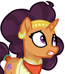 Size: 799x908 | Tagged: safe, artist:rainbow eevee, saffron masala, pony, unicorn, bandana, clothes, ear piercing, earring, female, headband, jewelry, mare, piercing, shocked, simple background, solo, transparent background, worried