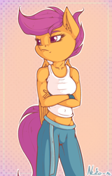 Size: 766x1200 | Tagged: safe, artist:neko-me, scootaloo, anthro, apple bloomers, apple buruma project, boobaloo, breasts, clothes, crossed arms, female, fingerless gloves, gloves, midriff, older, older scootaloo, solo, tanktop