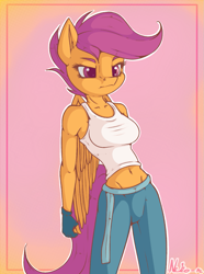 Size: 891x1200 | Tagged: safe, artist:neko-me, scootaloo, anthro, apple bloomers, apple buruma project, belly button, boobaloo, breasts, clothes, female, fingerless gloves, gloves, midriff, older, older scootaloo, solo, tanktop