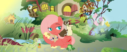 Size: 1280x520 | Tagged: safe, artist:dianamur, artist:mlplover0711, oc, oc only, oc:apple sprout, butterfly, ferret, frog, pony, rabbit, base used, cider, fluttershy's cottage, freckles, offspring, parent:big macintosh, parent:fluttershy, parents:fluttermac, pet oc, unshorn fetlocks