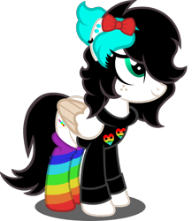 Size: 834x959 | Tagged: safe, artist:fletcherthehuntress, oc, oc:rainbow droplet, pegasus, pony, bow, clothes, ear piercing, earring, female, freckles, hair bow, jewelry, mare, piercing, rainbow socks, simple background, socks, solo, striped socks, sweater, transparent background