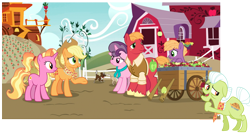 Size: 1849x989 | Tagged: safe, derpibooru import, edit, edited screencap, screencap, applejack, big macintosh, granny smith, little mac, luster dawn, sugar belle, dog, earth pony, pony, unicorn, the last problem, accessories, brandy (g4), clothes, colt, cookie (character), dakota (character), fritter (character), implied death, male, older big macintosh, older sugar belle, scarf, simple background, sweet apple acres, transparent background, wichita (character)