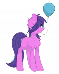 Size: 1757x2181 | Tagged: safe, artist:ezzerie, oc, oc only, oc:jenny, earth pony, pony, balloon, chest fluff, eye clipping through hair, female, hair over one eye, mare, mouth hold, present, simple background, solo, white background