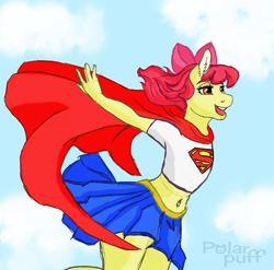 Size: 6000x5921 | Tagged: safe, artist:polar puff, apple bloom, anthro, earth pony, belly button, bow, cape, clothes, cute, flying, hair bow, midriff, miniskirt, pleated skirt, skirt, skirt lift, sky, superfilly, supergirl