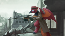 Size: 4445x2500 | Tagged: safe, artist:rublegun, oc, oc only, oc:arcus flamefeather, anthro, classical hippogriff, hippogriff, unguligrade anthro, fallout equestria, clothes, fanfic art, gun, hippogriff oc, rifle, ruins, scenery, sniper rifle, wasteland, weapon