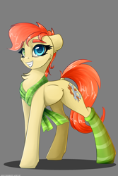 Size: 2000x3000 | Tagged: safe, artist:skitsroom, oc, oc only, oc:rusty gears, earth pony, pony, clothes, cute, cutie mark, female, gray background, mare, simple background, smiling, socks, solo, striped socks